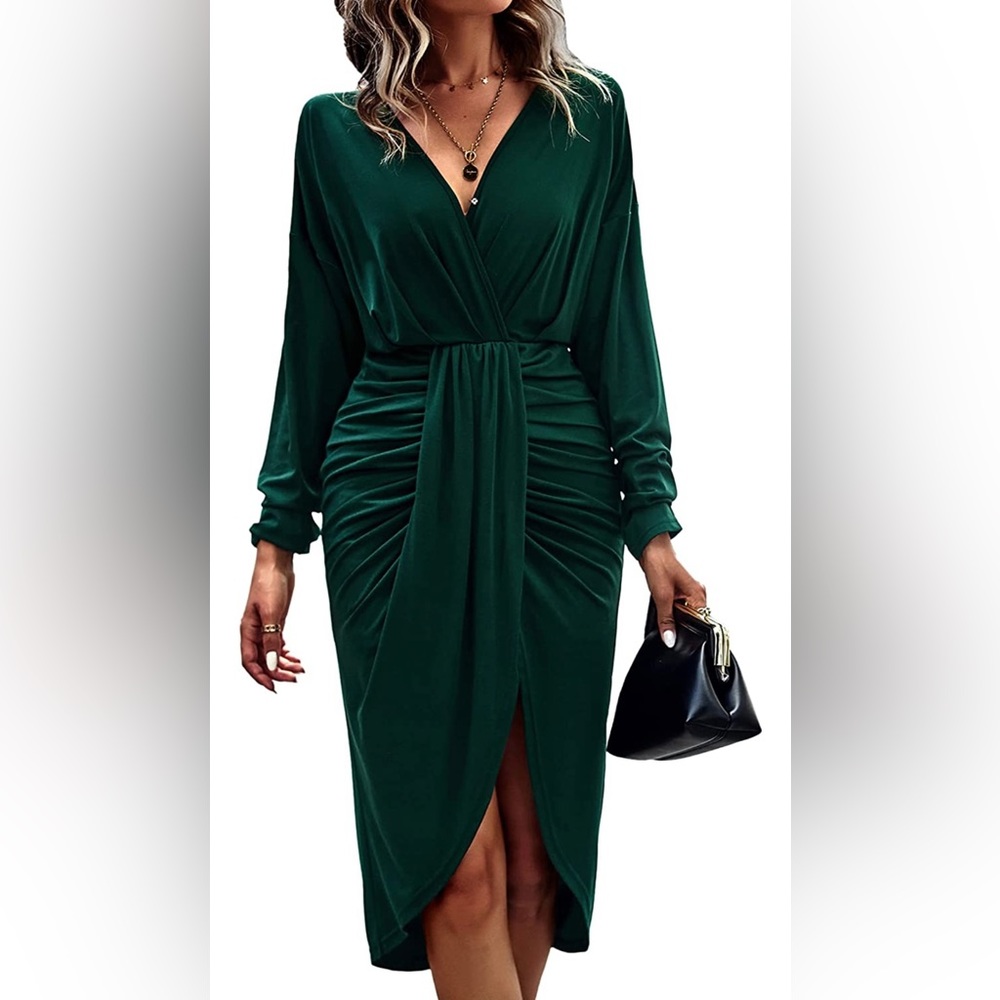 Prettygarden NWOT Women’s Ruched Wrap Dress Long Sleeve V Neck Split Hem Drape